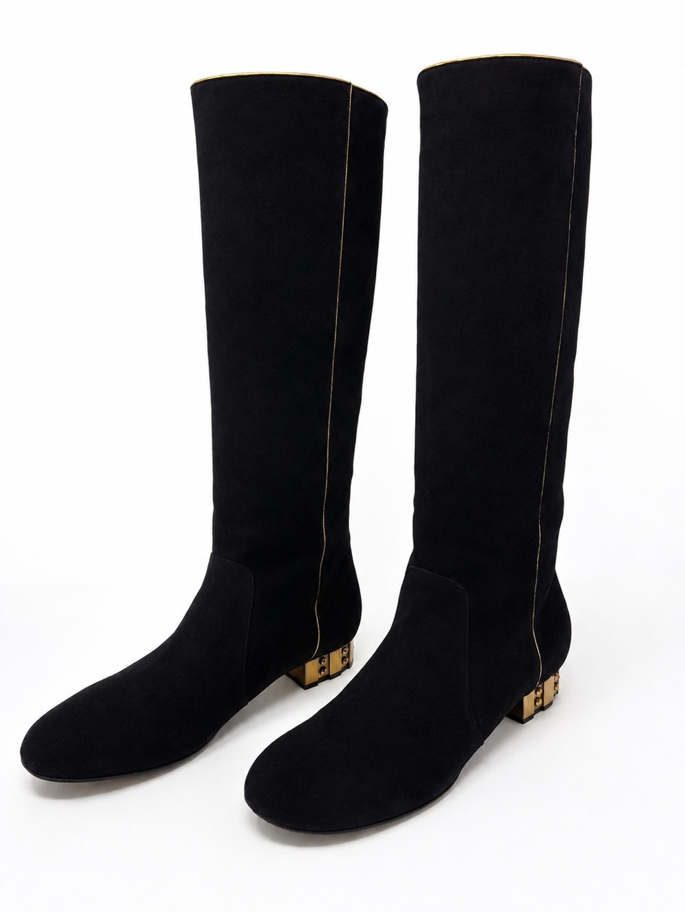 CHANEL Black Suede Knee High Riding Boots Gold Studded Heel Metallic Piping 39